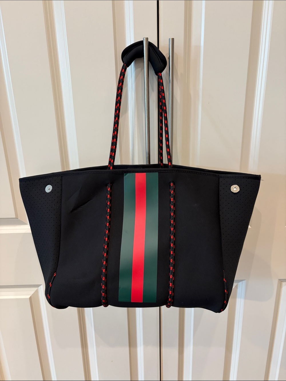 Black Neoprene Tote Bag Varsity Red & Green Stripe & Rope Handles